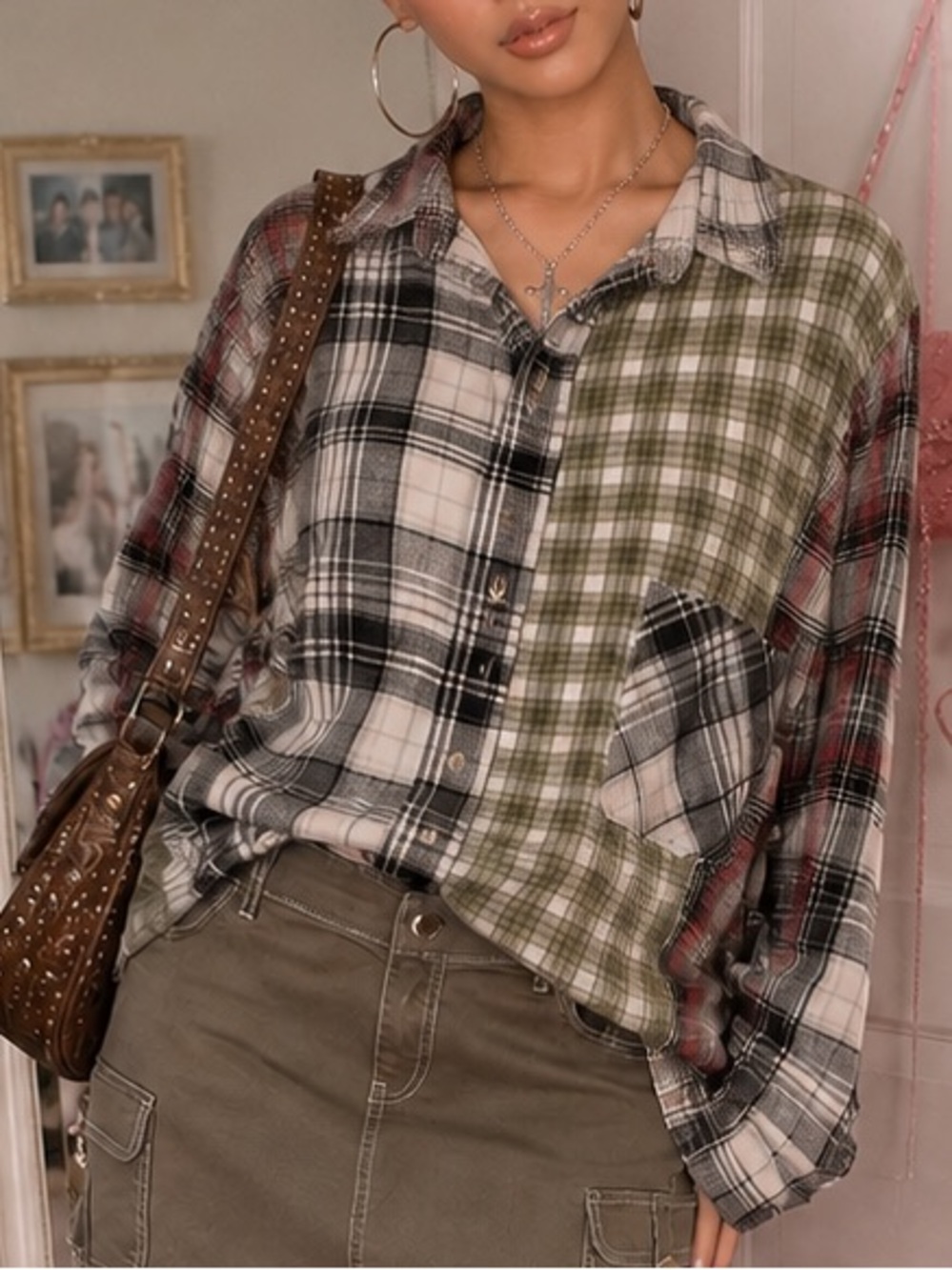 Patchwork colorblocked Boho Plaid oversized flannel